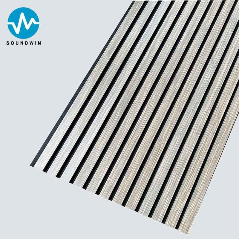 Acoustic Slat Wooden Wall Panels With Black Felt Grey Oak Wood For Hotel Room